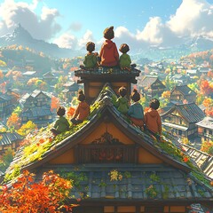 Children Rooftop Autumn Village View