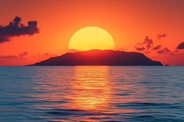 Island Sunset Ocean Horizon Glow