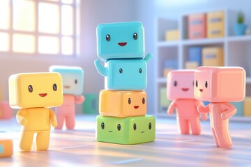 Obraz premium Happy colorful cube robots playing together in a bright classroom.