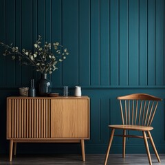 Mid-century modern sideboard and chair against teal wall.