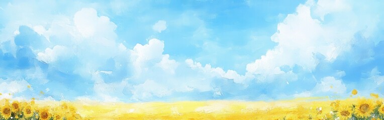 Fototapeta premium Bright watercolor landscape with blue sky, fluffy clouds and sunflowers swaying in the gentle breeze