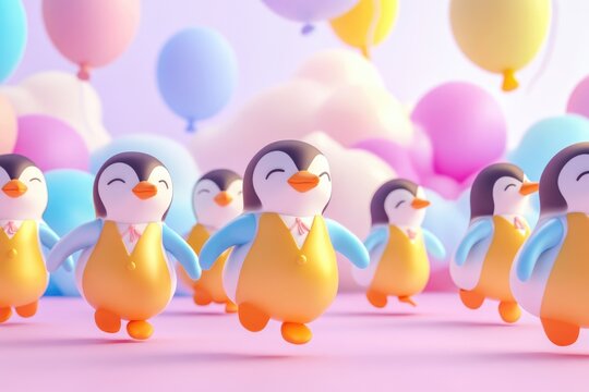 Adorable penguins in yellow vests march happily amidst pastel balloons and clouds.