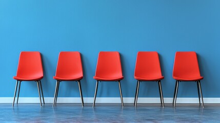 Obraz premium Five red chairs lined up against a vibrant blue wall, showcasing a modern and minimalist design in an inviting space.