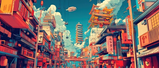 Futuristic ukiyoe cityscape with exaggerated perspectives, mixing traditional elements with modern abstraction