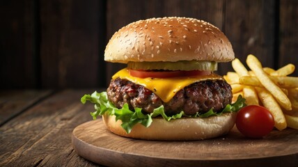 A delicious homemade beef burger with fresh ingredients, served on a rustic wooden table. Perfect for food photography, restaurant menus, and culinary presentations.