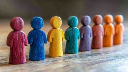 Colorful wooden figures arranged in a line, symbolizing diversity and unity in a playful and artistic manner.