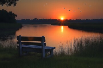 Sunrise Riverbank Bench Solitude
