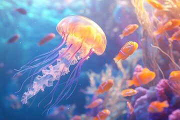 Obraz premium A luminous jellyfish gracefully floats amidst vibrant coral and playful clownfish in a sunlit ocean scene.
