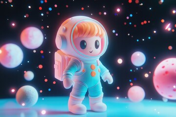 Fototapeta premium A cute cartoon astronaut floats in space amidst glowing planets and stars.