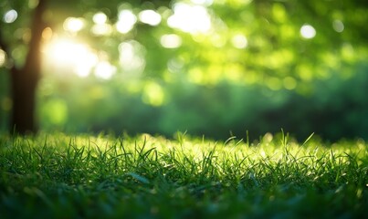 Beautiful blurred background of natural green grass and trees in the park with a bokeh effect. Summer nature landscape. Banner for product presentation on an e-commerce website