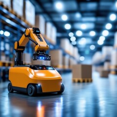 Fototapeta premium Automated orange forklift robot transporting and moving cargo and goods on conveyor belt in modern high tech warehouse or distribution center Concept of efficiency