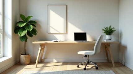 A minimalist home workspace featuring a light wood desk, comfortable chair, and natural elements, bathed in sunlight, creating a serene and productive atmosphere.