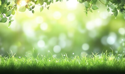 Beautiful blurred background of natural green grass and trees in the park with a bokeh effect. Summer nature landscape. Banner for product presentation on an e-commerce website