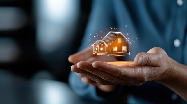 A person s hands holding a glowing house icon representing the dream of home ownership real estate investment and sustainable energy efficient living  The image conveys the concepts of security