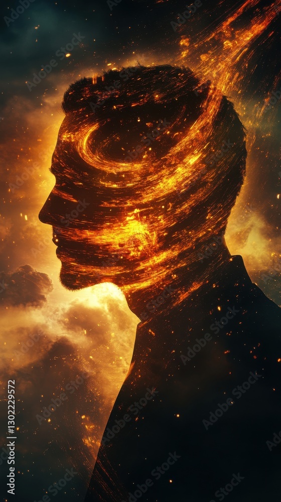 Poster mystical profile of a man surrounded by swirling energy and cosmic elements against a dark backgroun
