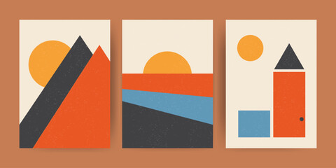 Aesthetic abstract wall decoration poster or for your print. Collection of four landscape backgrounds. Sunset, sun, mountains and beach illustrations.