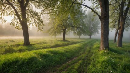 A serene country meadow covered in soft morning fog, with lush green grass creating a peaceful and dreamy atmosphere. Perfect for nature photography, rural scenery, and tranquil landscape designs.