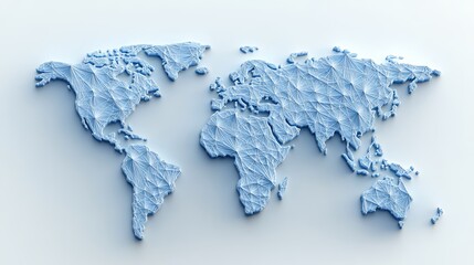 Detailed 3D Textured World Map in Blue Hues on White Background