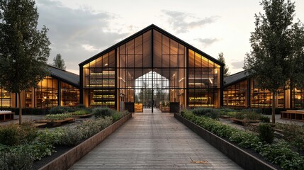 Captivating architectural design of a modern greenhouse structure featuring a striking glass facade surrounded by a lush and serene botanical garden environment with various plants trees