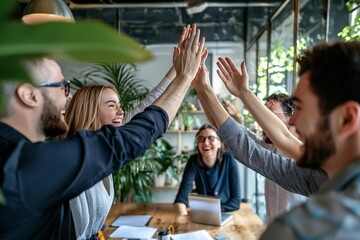 A dynamic team celebrates their project launch with enthusiasm, sharing high-fives and smiles in a modern office.