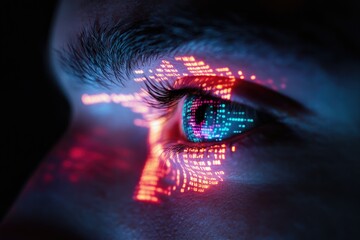 Close-up of an eye with vibrant digital code projected onto it, symbolizing technological integration with humanity.