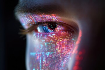 Close-up of an eye with vibrant, colorful data streams projected onto the face, suggesting technological integration with the human body.