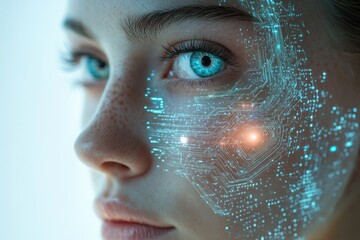A woman's face with a futuristic digital circuit overlay, representing technology and humanity merging.