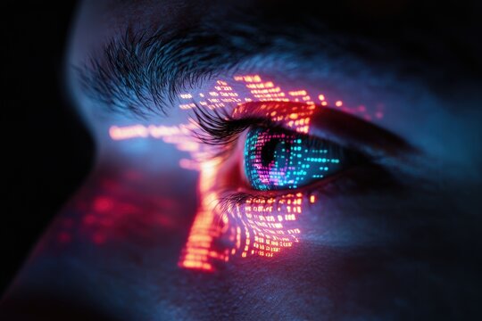 Close-up of an eye with vibrant digital code projected onto it, symbolizing technological integration with humanity.