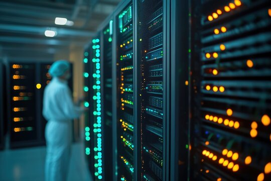 A technician maintains a server room filled with illuminated racks of data processing equipment.