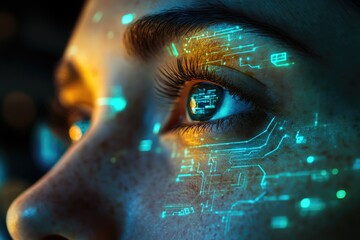 Close-up of an eye with futuristic circuit patterns overlaid, symbolizing technological integration with the human body.