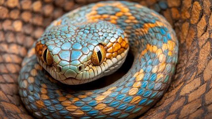 Obraz premium Detailed Close Up of a Coiled Blue and Orange Scaled Snake Reptile