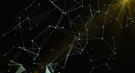 Abstract network of interconnected dots and lines with a dark background and subtle light effects