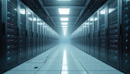 Cinematic portrayal of modern data dev working amid futuristic server room