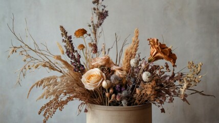 A beautifully styled arrangement featuring dried flowers in soft, earthy tones, creating a dreamy and elegant aesthetic. Perfect for interior decor, floral design, and artistic compositions.