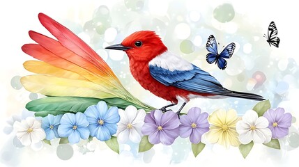 Colorful bird with butterflies and flowers nature scene digital art serene environment