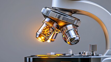 Detailed Closeup of Silver Microscope with Glowing Amber Lenses