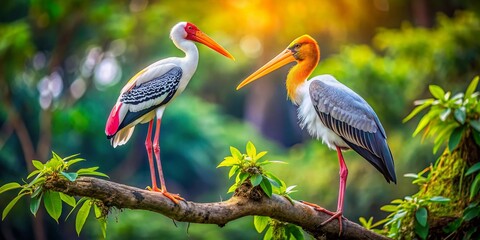 Sri Lanka Heron and Painted Stork Sharing Perch - Wildlife Photography