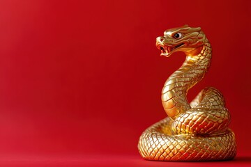 Naklejka premium A red background with a gold colored dragon on it. , with ample copy space for text.