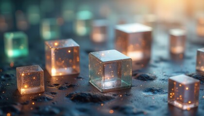 Ethereal d dev with luminous cubes on a textured surface during a tranquil evening glow