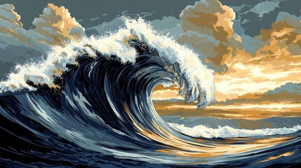 Dramatic ocean wave, sunset background, graphic art, for prints