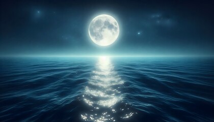 Fototapeta premium Glowing full moon reflecting soft light across gentle ripples on tranquil ocean surface