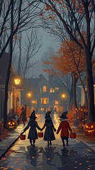 Children in costumes celebrate Halloween night.