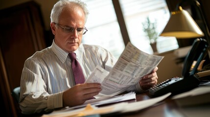 Fototapeta premium A credit broker reviewing financial reports and credit scores in a quiet office.