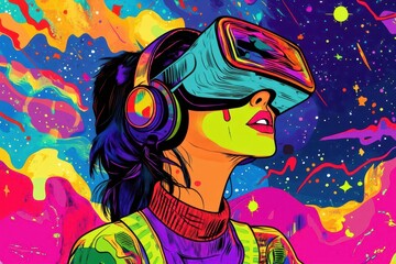 immersive virtual reality experience, young woman with neon vr headset exploring digital cosmos, vibrant pop art style with bold colors and comic book patterns, dramatic lighting