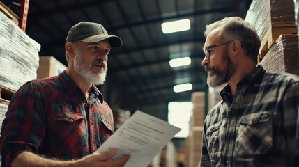 A freight broker talking to a truck driver, reviewing a shipment document at a warehouse.