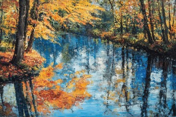 Naklejka premium impressionist-style woodland scene with vibrant autumn trees reflecting in winding blue river, thick painterly textures capturing dappled sunlight through canopy