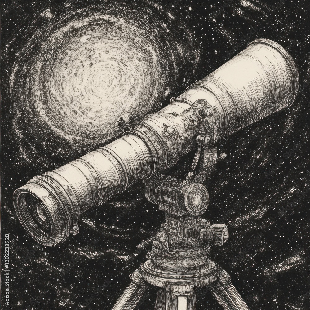 Poster telescope aimed at the night sky observing celestial objects and wonders in detailed artistic sketch