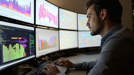 A data broker analyzing and visualizing large datasets on multiple monitors.