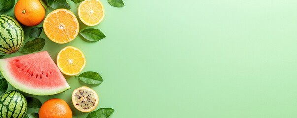 Assortment of Fresh Colorful Fruits like Oranges Watermelon Kiwi on Green Leafy Background with Copy Space for Text  Healthy Eating Clean Diet Nutrition Concept