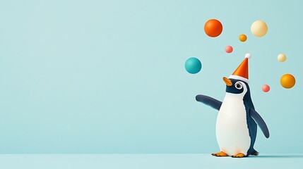 Obraz premium Festive Penguin Juggling Colorful Balls: A 3D Rendered Holiday Scene AI Generated